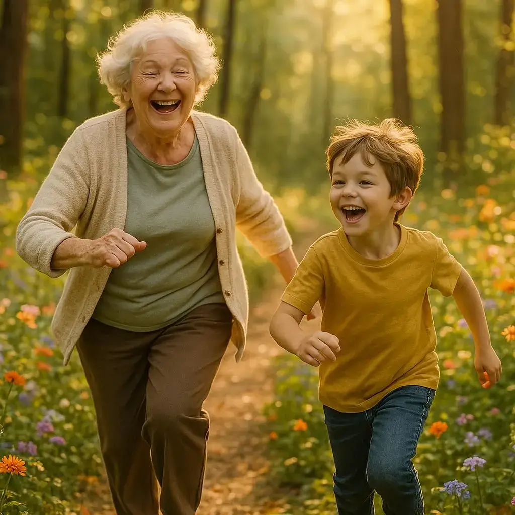 Happy grandmother walking with grandson pain-free